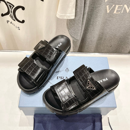 PRA CROCODILE LEATHER MOTIF SANDALS BLACK CALFSKIN