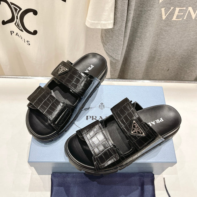 PRA CROCODILE LEATHER MOTIF SANDALS BLACK CALFSKIN