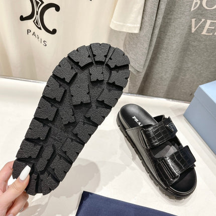 PRA CROCODILE LEATHER MOTIF SANDALS BLACK CALFSKIN