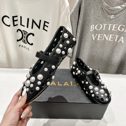 ALAIA PEARL MARY JANE SHOES BLACK MIX WHITE LAMBSKIN
