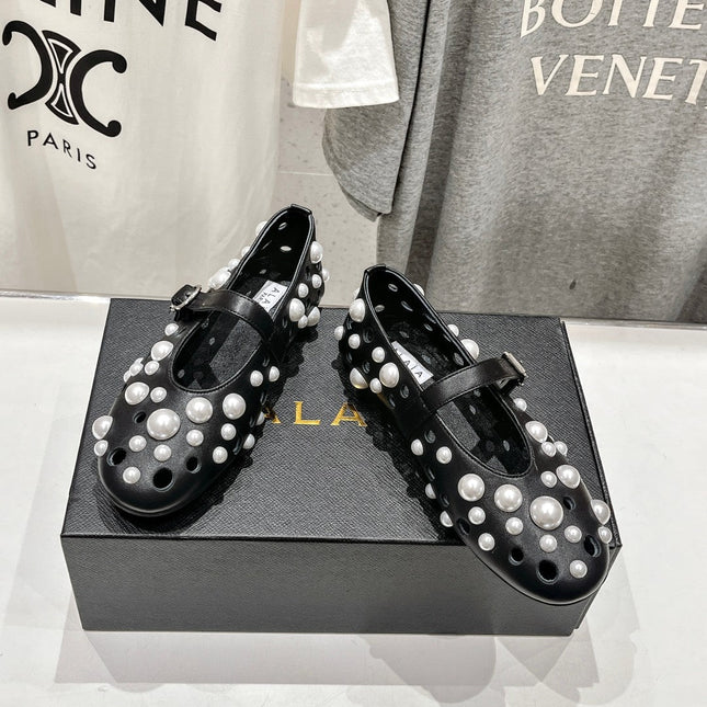 ALAIA PEARL MARY JANE SHOES BLACK MIX WHITE LAMBSKIN