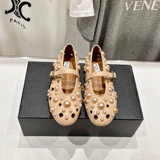 ALAIA PEARL MARY JANE SHOES IN BISQUE BEIGE LAMBSKIN