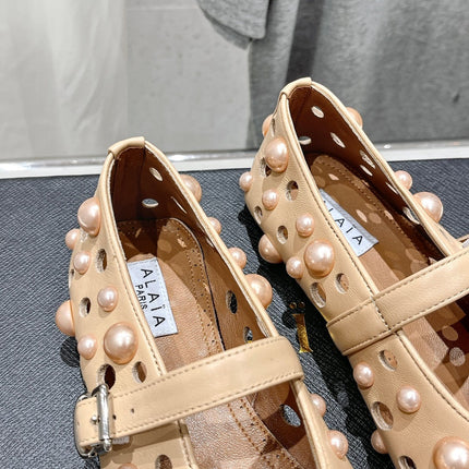 ALAIA PEARL MARY JANE SHOES IN BISQUE BEIGE LAMBSKIN