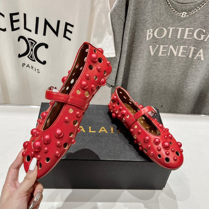 ALAIA PEARL MARY JANE SHOES IN ROSE RED LAMBSKIN