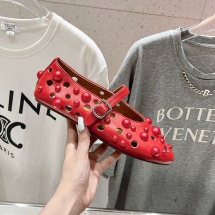 ALAIA PEARL MARY JANE SHOES IN ROSE RED LAMBSKIN