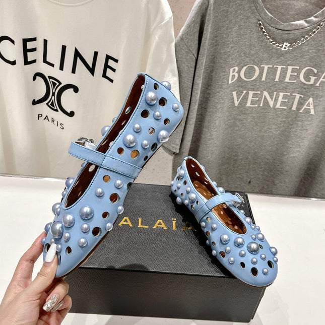 ALAIA PEARL MARY JANE SHOES IN LIGHT BLUE LAMBSKIN