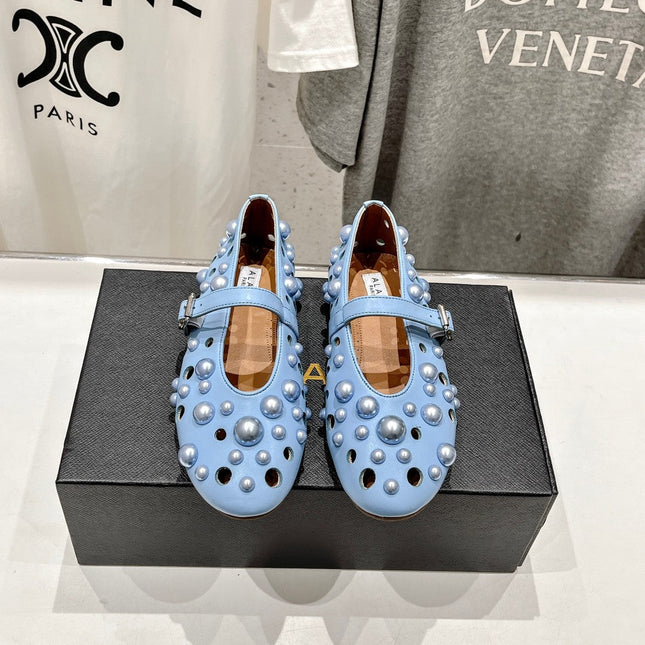 ALAIA PEARL MARY JANE SHOES IN LIGHT BLUE LAMBSKIN