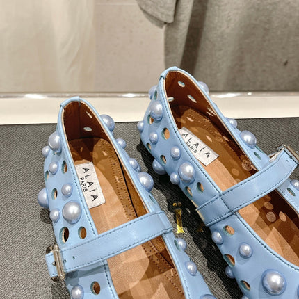 ALAIA PEARL MARY JANE SHOES IN LIGHT BLUE LAMBSKIN
