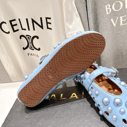 ALAIA PEARL MARY JANE SHOES IN LIGHT BLUE LAMBSKIN