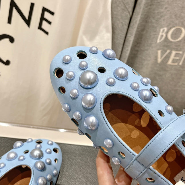 ALAIA PEARL MARY JANE SHOES IN LIGHT BLUE LAMBSKIN
