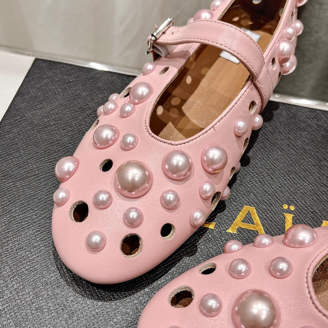ALAIA PEARL MARY JANE SHOES IN LIGHT PINK LAMBSKIN