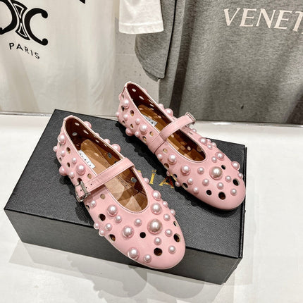 ALAIA PEARL MARY JANE SHOES IN LIGHT PINK LAMBSKIN