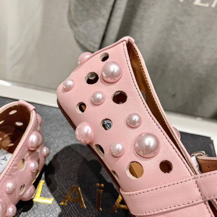 ALAIA PEARL MARY JANE SHOES IN LIGHT PINK LAMBSKIN