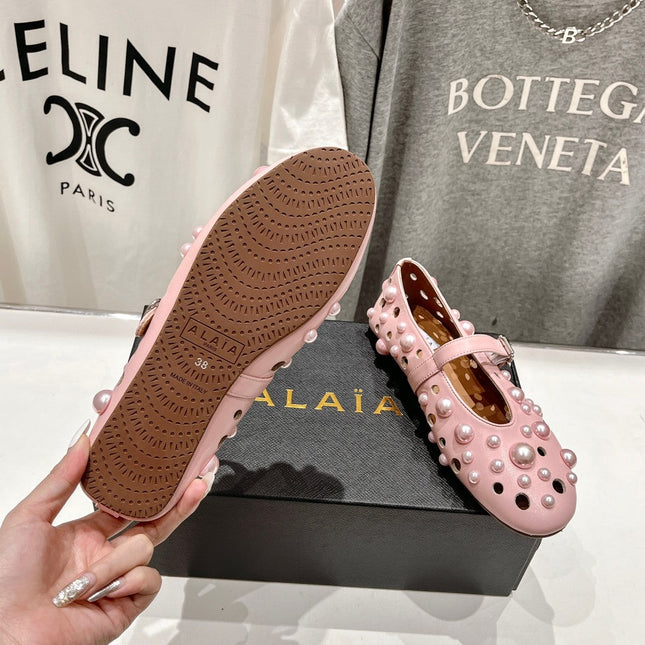 ALAIA PEARL MARY JANE SHOES IN LIGHT PINK LAMBSKIN
