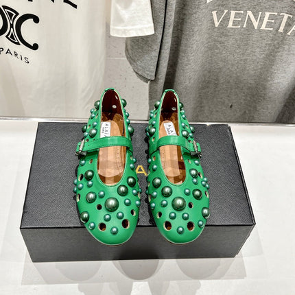 ALAIA PEARL MARY JANE SHOES IN EMERALD GREEN LAMBSKIN