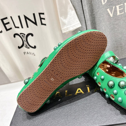ALAIA PEARL MARY JANE SHOES IN EMERALD GREEN LAMBSKIN