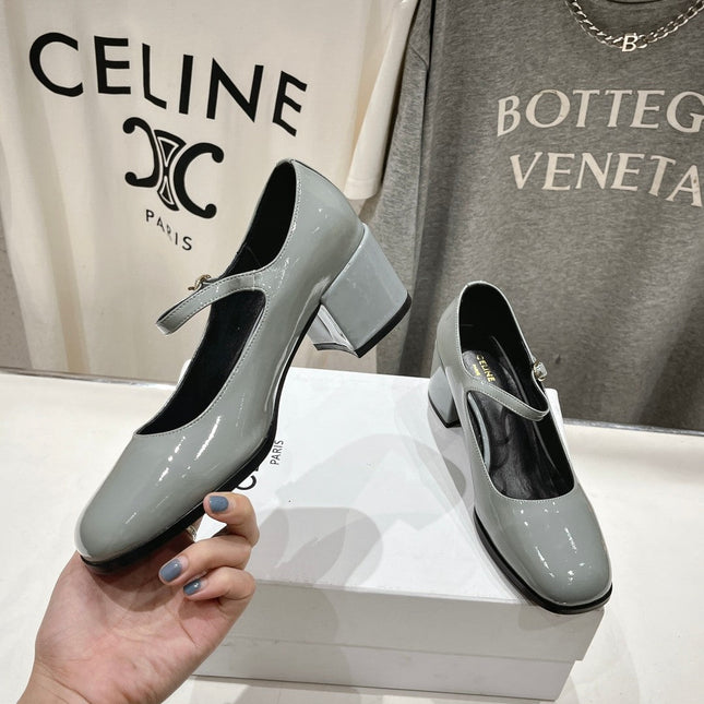 MEDIUM - HEEL MARY JANE SHOES IN SMOKE GREY GLOSSY CALFSKIN