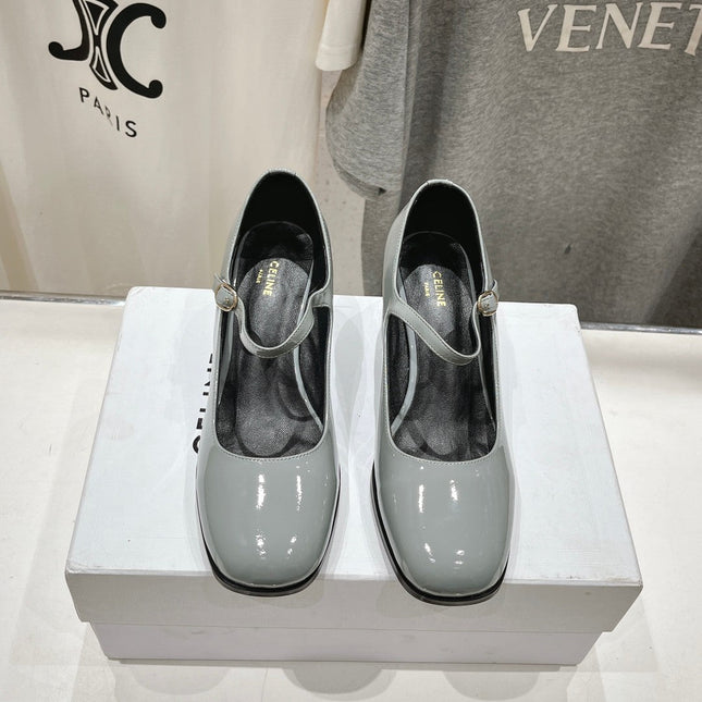 MEDIUM - HEEL MARY JANE SHOES IN SMOKE GREY GLOSSY CALFSKIN