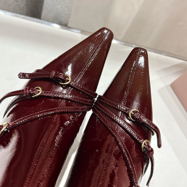 HIGH HEEL POINTED-TOE BOOTS IN WINE RED PATENT LAMBSKIN