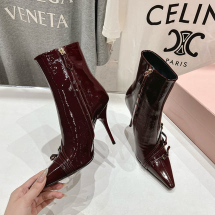 HIGH HEEL POINTED-TOE BOOTS IN WINE RED PATENT LAMBSKIN