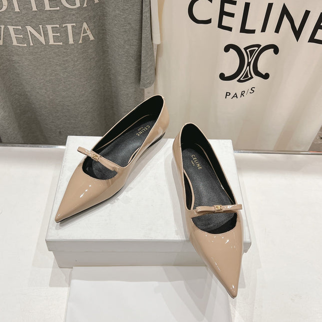 SUZY POINTY TOE BALLERINA IN TAN BEIGE PATENT CALFSKIN