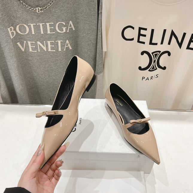 SUZY POINTY TOE BALLERINA IN TAN BEIGE PATENT CALFSKIN