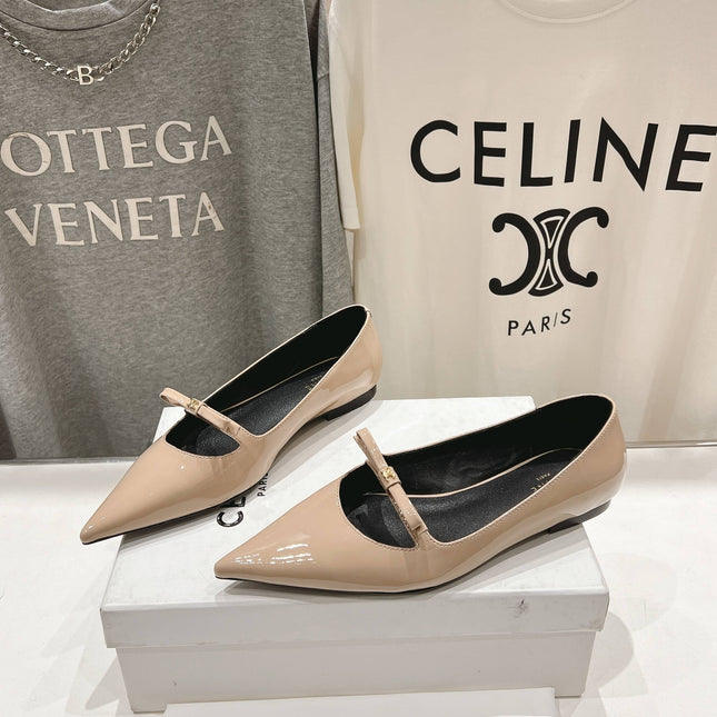 SUZY POINTY TOE BALLERINA IN TAN BEIGE PATENT CALFSKIN