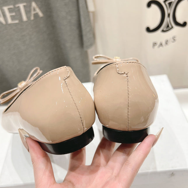 SUZY POINTY TOE BALLERINA IN TAN BEIGE PATENT CALFSKIN