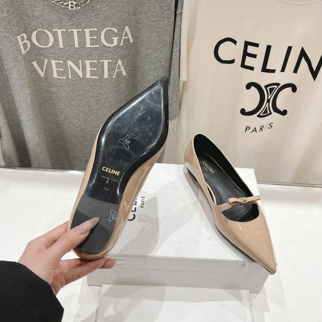 SUZY POINTY TOE BALLERINA IN TAN BEIGE PATENT CALFSKIN