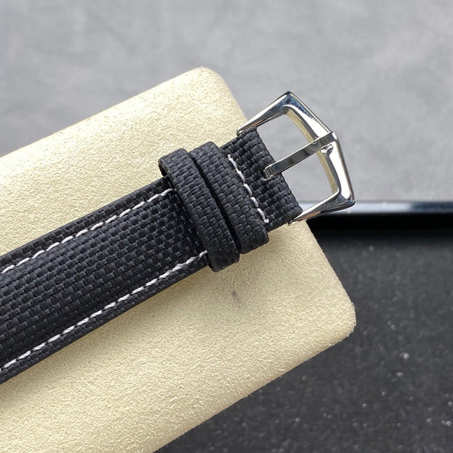 CALATRAVA WHITE GOLD CASE BLACK CALFSKIN EMBOSSED WITH FABRIC PATTERN