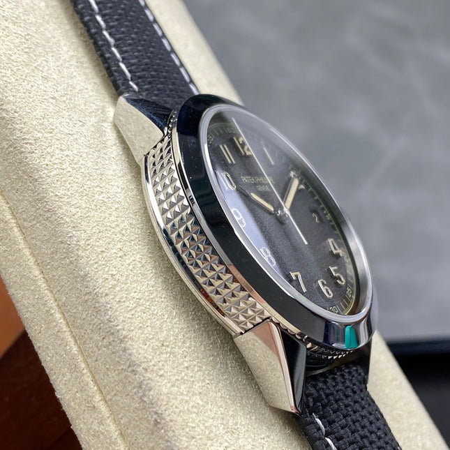 CALATRAVA WHITE GOLD CASE BLACK CALFSKIN EMBOSSED WITH FABRIC PATTERN