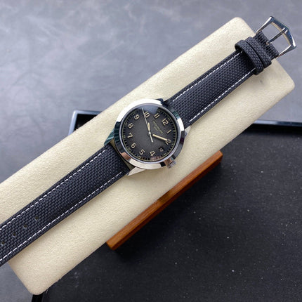 CALATRAVA WHITE GOLD CASE BLACK CALFSKIN EMBOSSED WITH FABRIC PATTERN