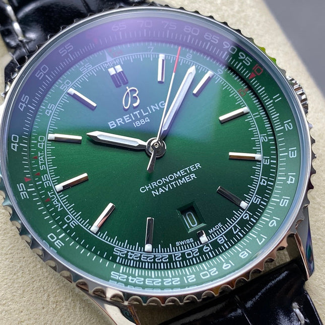 NAVITIMER AUTOMATIC 41 STEEL CASE GREEN DIAL BLACK ALLIGATOR LEATHER STRAP