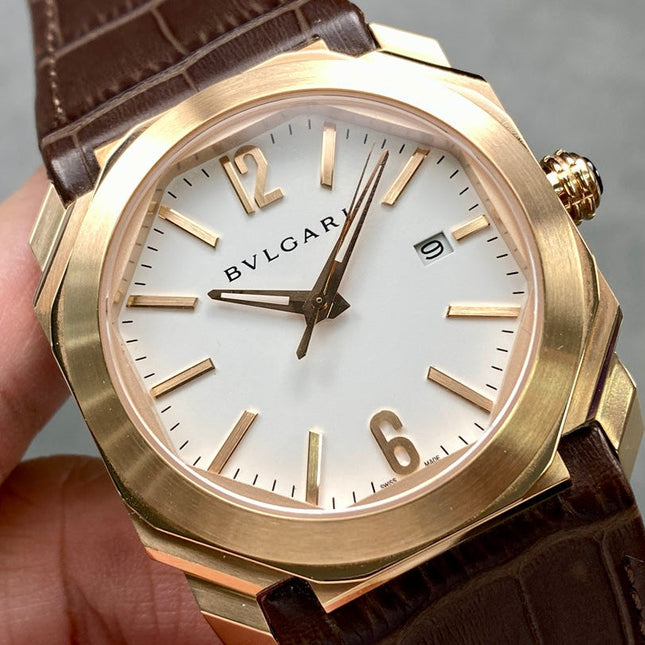 OCTO 41 ROSE GOLD CASE BROWN CROCODILE LEATHER STRAP