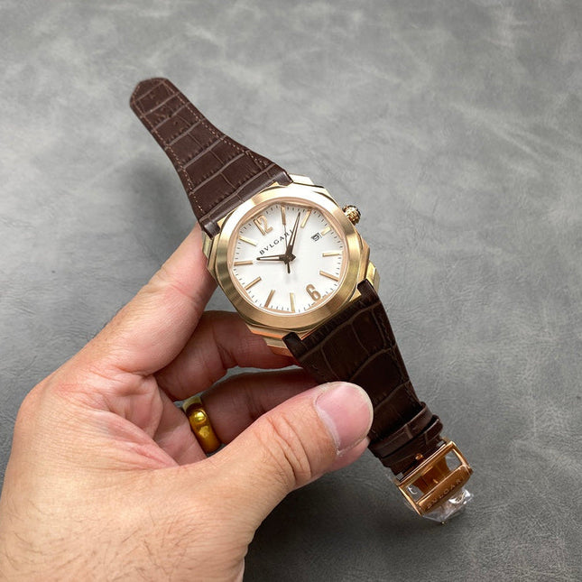OCTO 41 ROSE GOLD CASE BROWN CROCODILE LEATHER STRAP