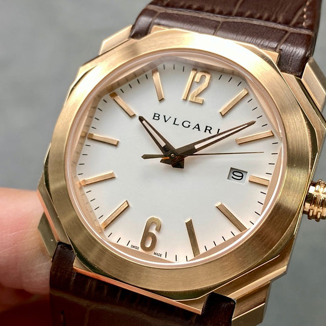 OCTO 41 ROSE GOLD CASE BROWN CROCODILE LEATHER STRAP