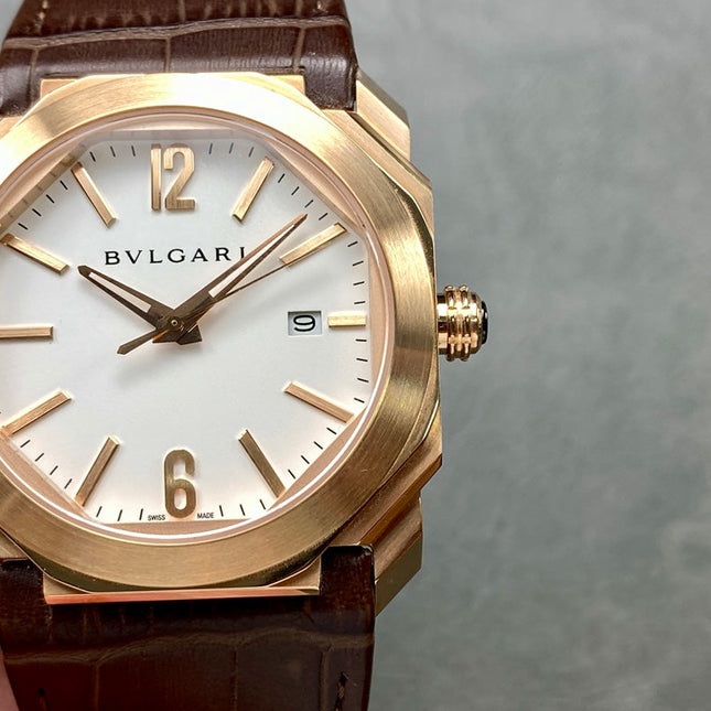 OCTO 41 ROSE GOLD CASE BROWN CROCODILE LEATHER STRAP