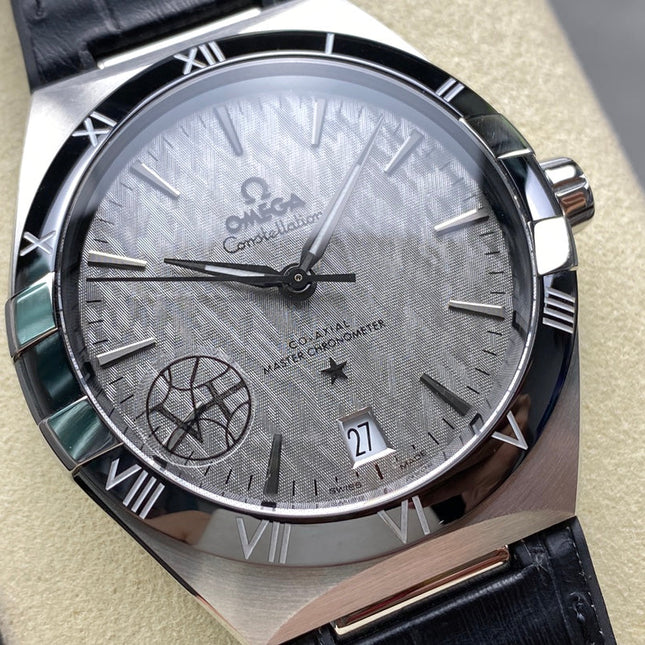 WATCH OMEGA CONSTELLATION CO AXIAL MASTER CHRONOMETER 41 MM SILVER CASE WITH BLACK LEATHER STRAP