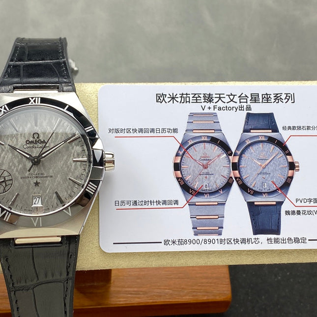 WATCH OMEGA CONSTELLATION CO AXIAL MASTER CHRONOMETER 41 MM SILVER CASE WITH BLACK LEATHER STRAP