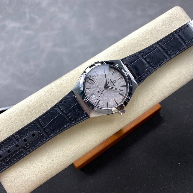 WATCH OMEGA CONSTELLATION CO AXIAL MASTER CHRONOMETER 41 MM SILVER CASE WITH BLACK LEATHER STRAP