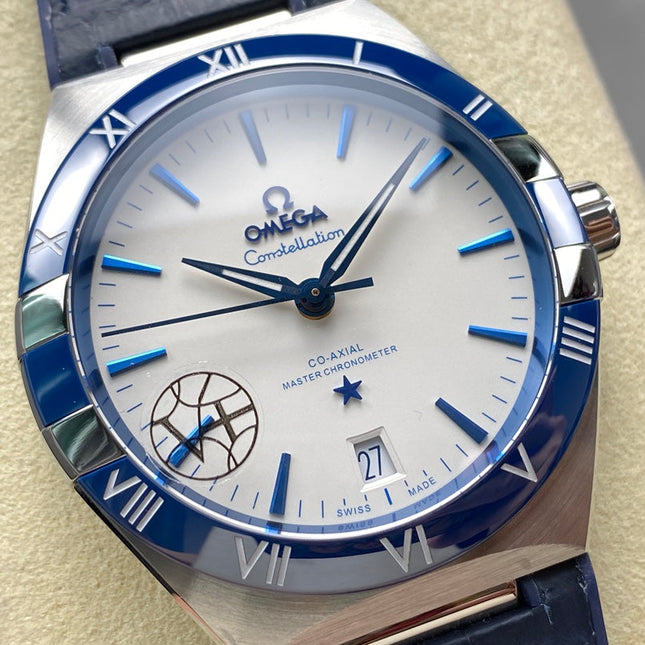 CONSTELLATION 41 MM STEEL CASE WITH WHITE DIAL AND NAVY BLUE LEATHER STRAP