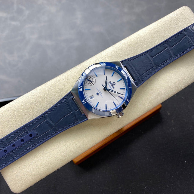 CONSTELLATION 41 MM STEEL CASE WITH WHITE DIAL AND NAVY BLUE LEATHER STRAP