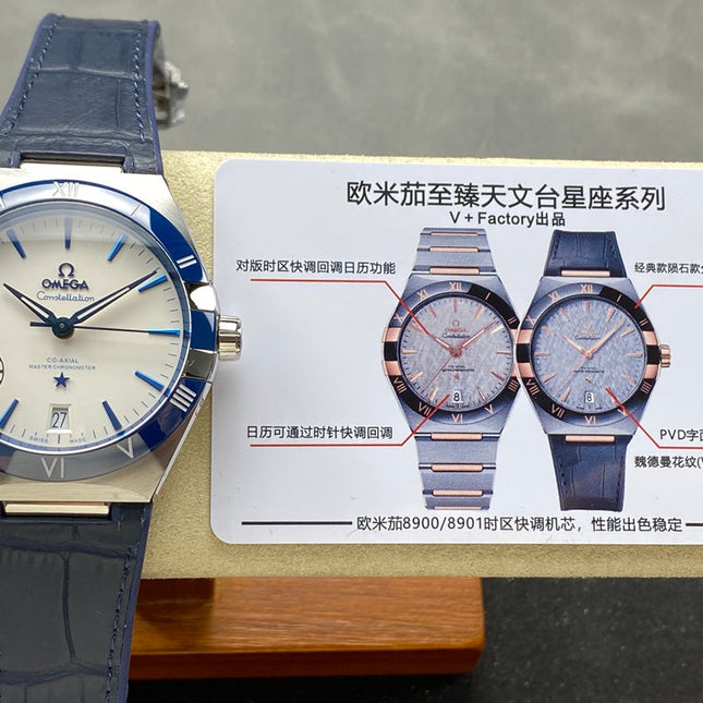 CONSTELLATION 41 MM STEEL CASE WITH WHITE DIAL AND NAVY BLUE LEATHER STRAP