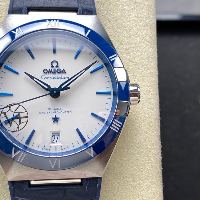 CONSTELLATION 41 MM STEEL CASE WITH WHITE DIAL AND NAVY BLUE LEATHER STRAP