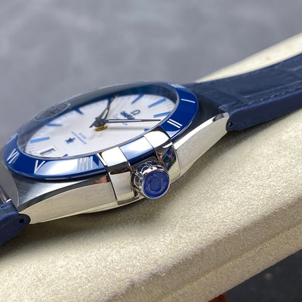 CONSTELLATION 41 MM STEEL CASE WITH WHITE DIAL AND NAVY BLUE LEATHER STRAP