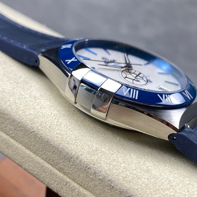 CONSTELLATION 41 MM STEEL CASE WITH WHITE DIAL AND NAVY BLUE LEATHER STRAP