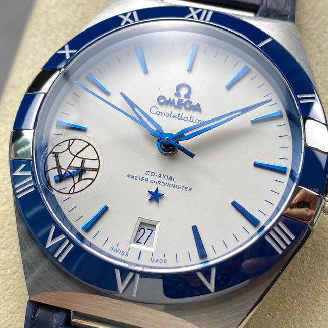 CONSTELLATION 41 MM STEEL CASE WITH WHITE DIAL AND NAVY BLUE LEATHER STRAP