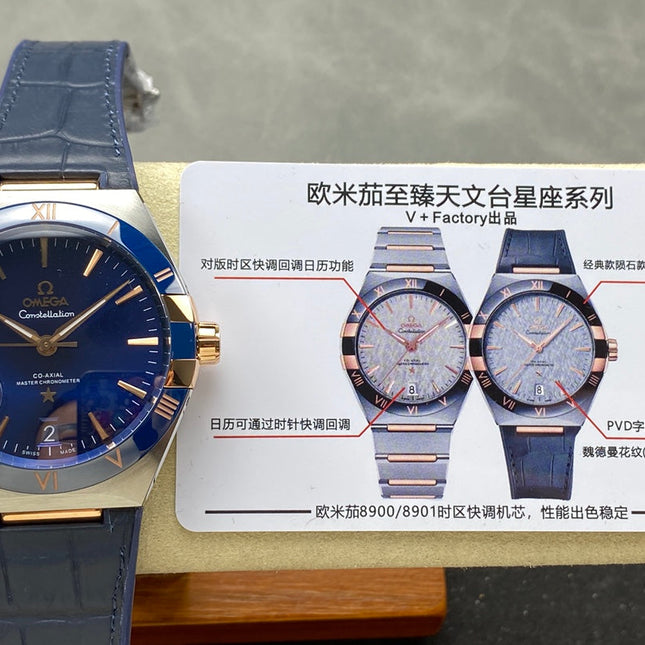 CONSTELLATION 41 MM STEEL CASE WITH NAVY DIAL AND LEATHER STRAP