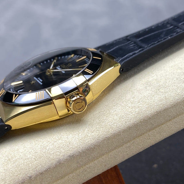 CONSTELLATION 39 MM WATCH YELLOW GOLD CASE WITH BLACK LEATHER STRAP