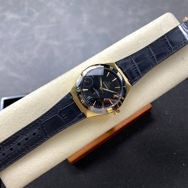 CONSTELLATION 39 MM WATCH YELLOW GOLD CASE WITH BLACK LEATHER STRAP